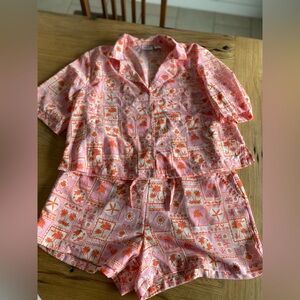 Sigrid Olsen Pink Orange Tropical Pajama‎ Shorts Set Women’s Medium Preloved